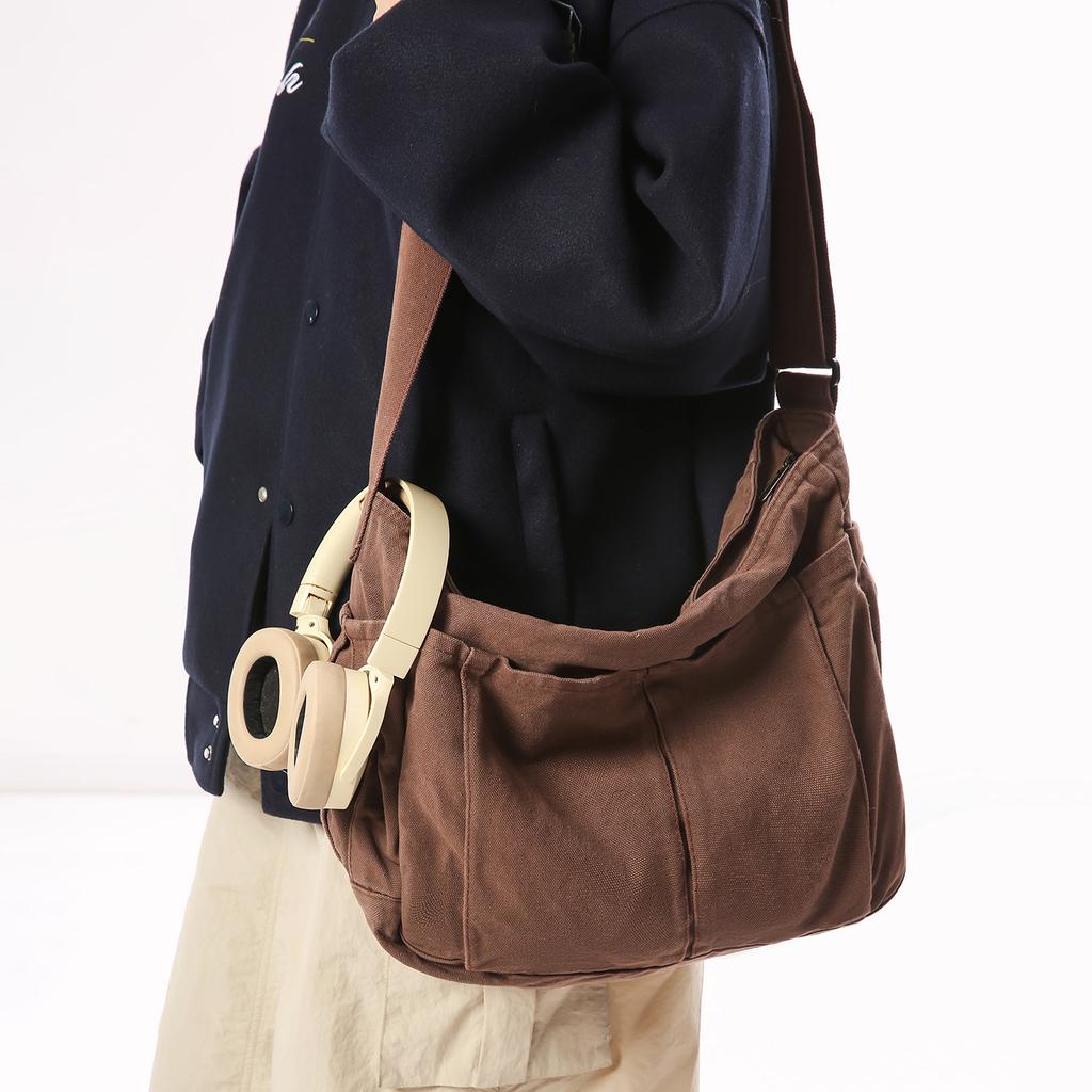 Washed Canvas Messenger Bag Female Retro Literary Lazy Wind Tote Bag College Student Commuting Shoulder Bag Mailman Bag Male