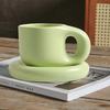 1Set 350ml Ceramic Coffee Chubby Mug Saucer Set Creative Cute Fat Handle Cup with Saucer for Office and Home Room Decor