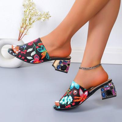 Summer New Women's High-heel Slippers Sexy Print Fish Mouth Ladies Slides Cloth Stiletto Sandals Pointed Toe Fashion Pumps