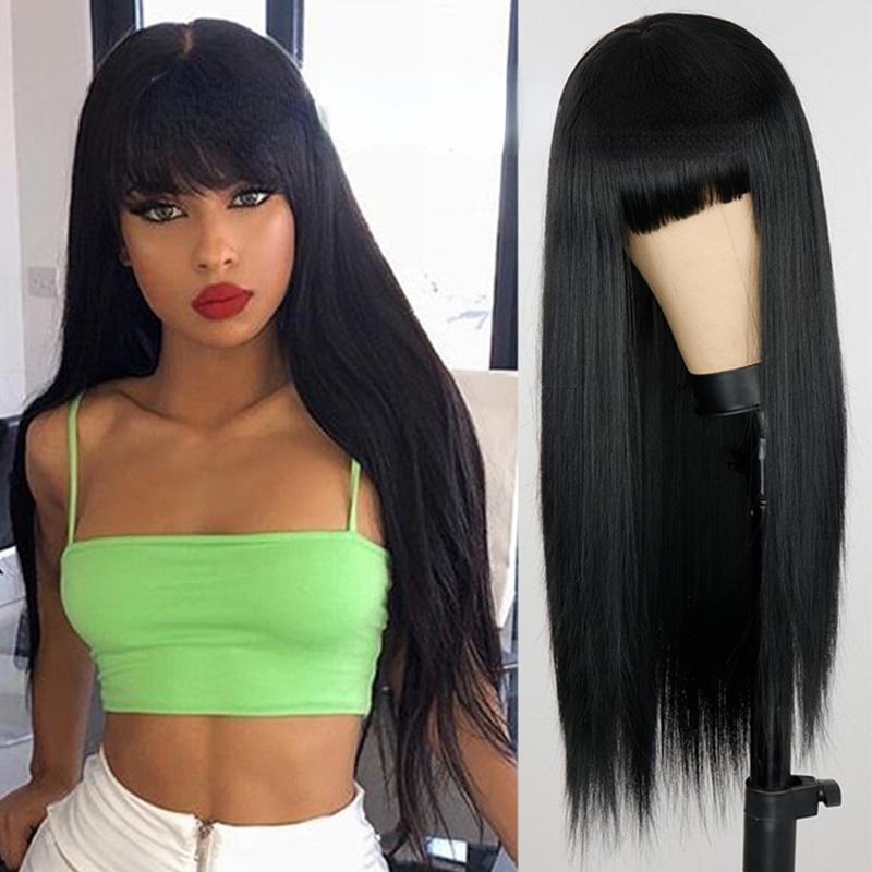 MERISIHAIR Fashion Long Straight Hair Wig with Bangs Wine Red Synthetic Wig for Women