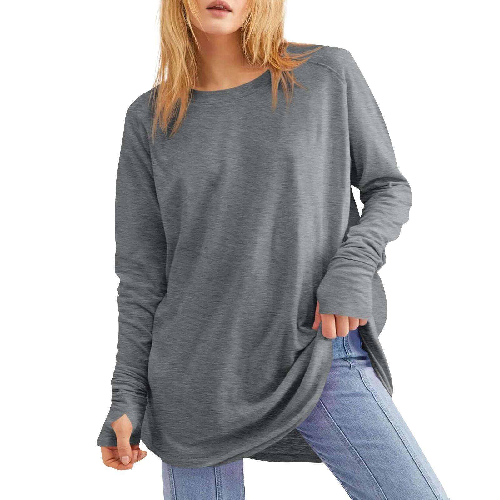 

Женская однотонная свободная футболка с круглым вырезом и длинными рукавами средней длины, топ с дырявым большим пальцем L