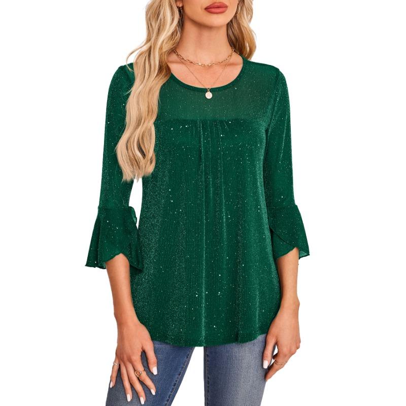 Summer pleated flared sleeve round neck mesh cropped shirt women