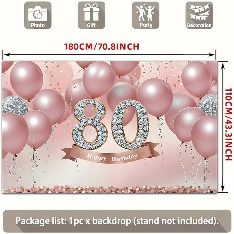2D Rose Gold 80th Birthday Backdrop with Pink Balloons Photography Background
