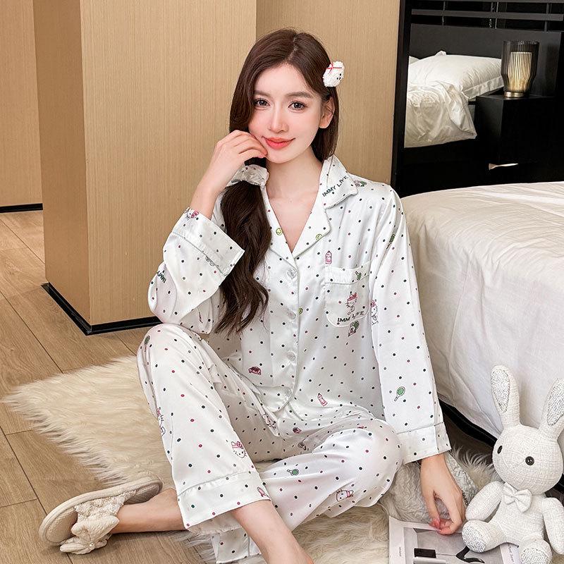 

Женский комплект для отдыха из ледяного шелка в горошек - Лонгслив и брюки, Дизайн Милый котенок , Носить дома или на улице, Идеально для весны и осени. Extra Large