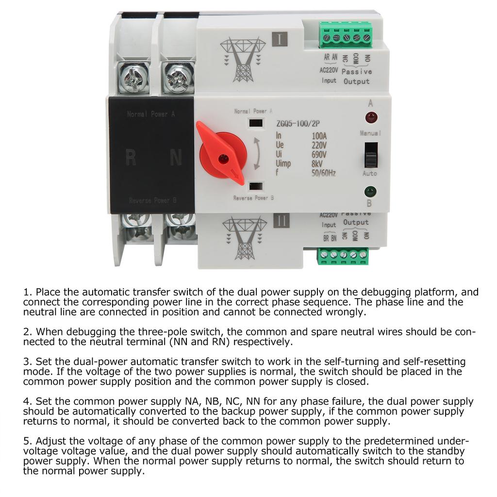 2P 100A Dual Power Automatic Transfer Switch Uninterrupted 2 Way Controller ZGQ5-100/2P Conversion Switch