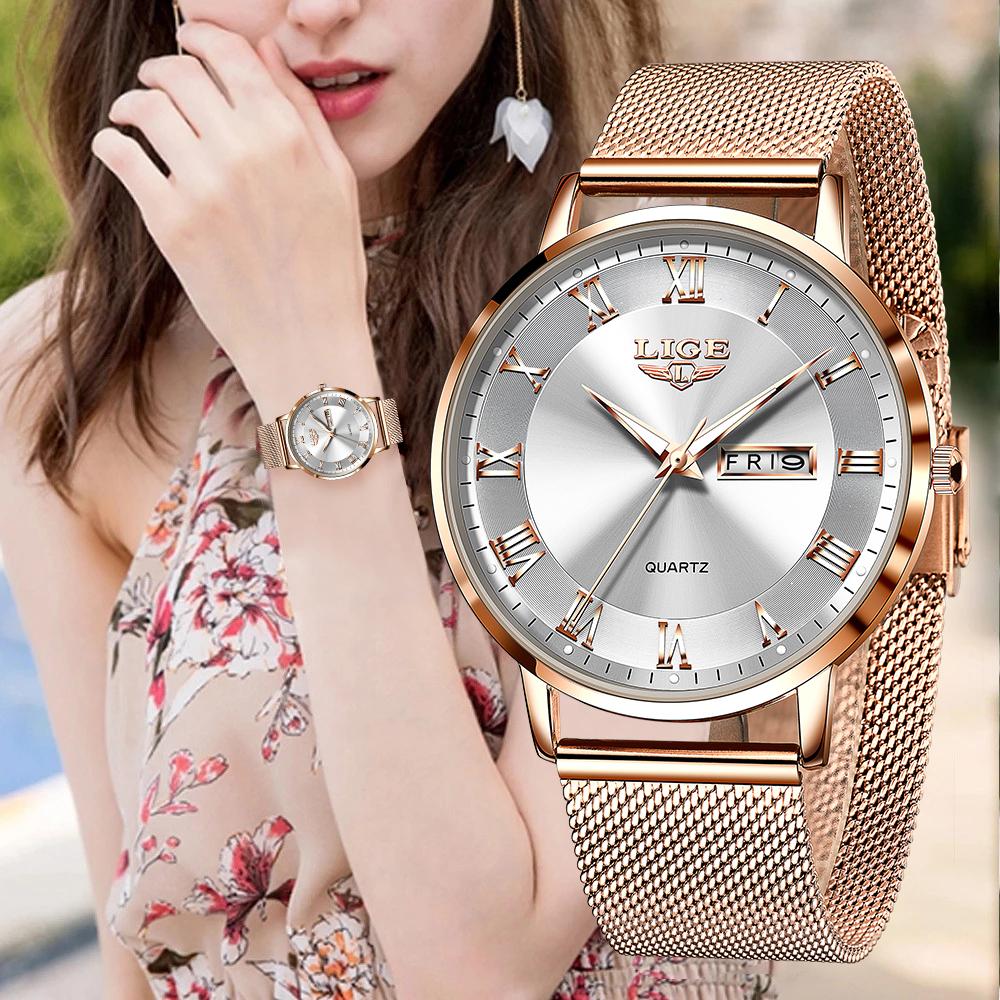 LIGE Damenuhren Ultra dünne Quarzuhr Für Frauen Luxuriöses Armband Armbanduhr Damen Datum Woche Uhr Uhr Relogios Feminino