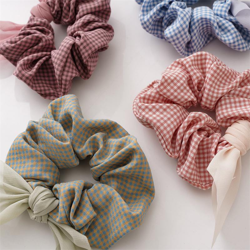 Korean New Sweet Cute Colorful Check Fabric Elastic Scrunchie High-grade Handmade Bow Hair Accessories Horsetail Hair Rope