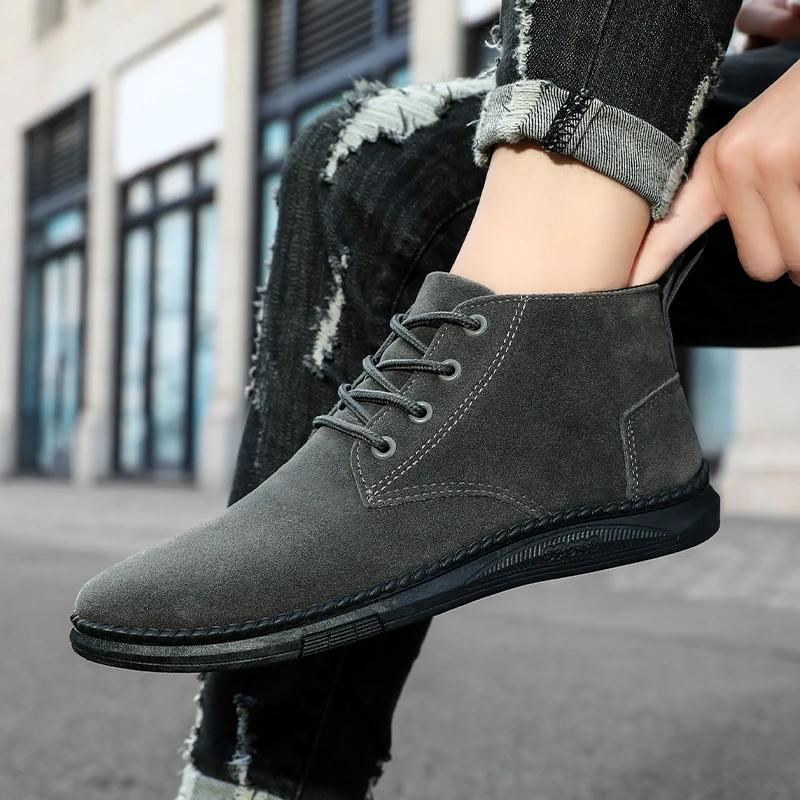 High Top Casual Board Shoes Men's Lace Up Suede Flat Bottom Short Boots Men's Chelsea Boots High-quality Brand Denim Boots Black
