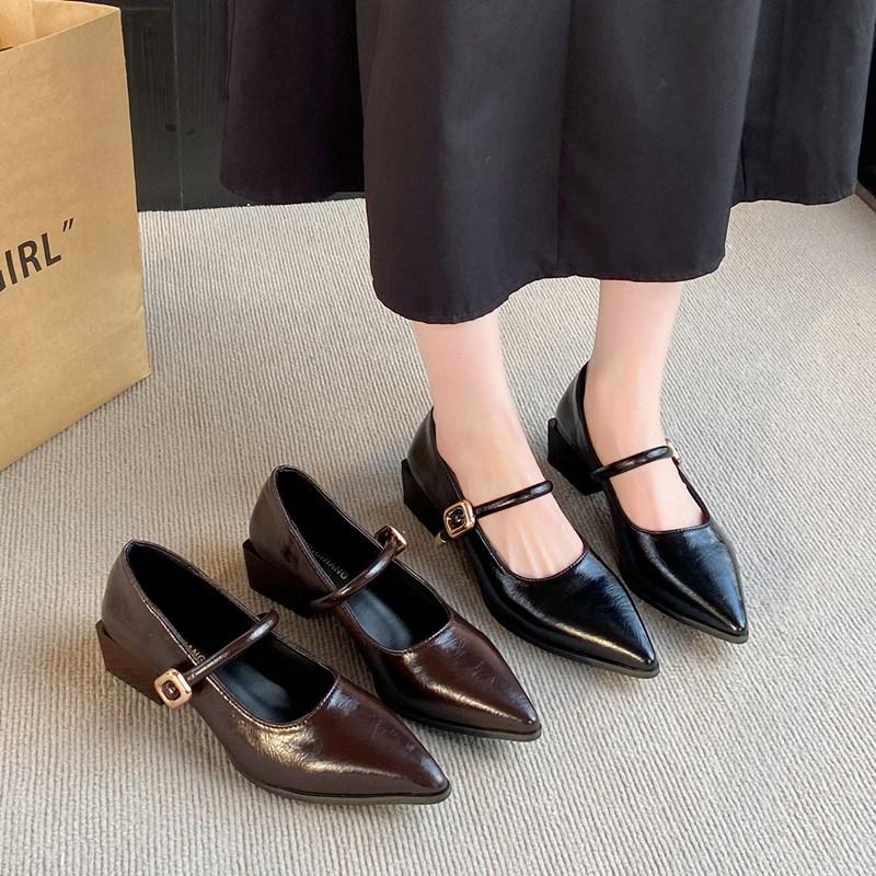 Fashion 2025 Solid Color Classic Pointy Low-cut Shoes Women's Spring Autumn Plus Size Fashion Retro Shallow-mouthed Mary Jane High Heels