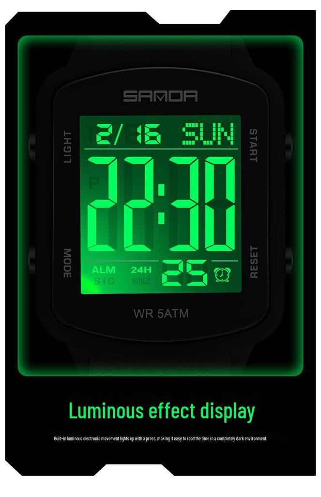 Sanda Dual Time Waterproof Transparent Sports Wristwatch with Colorful Single Display and Student Timer Function