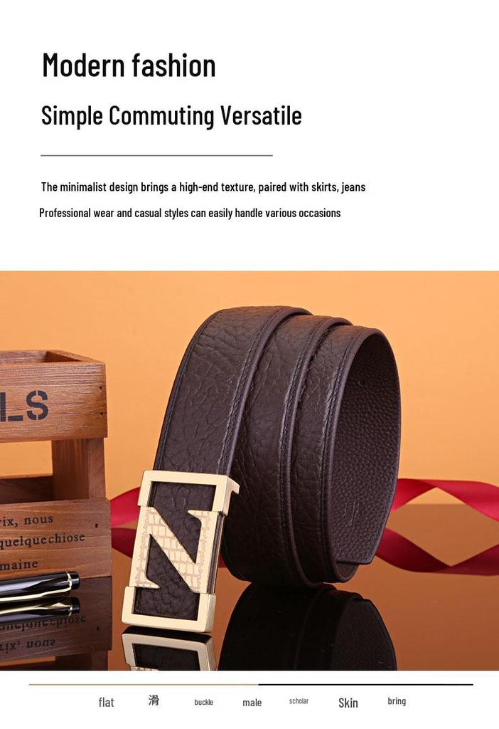 Men's Z Letter Business Casual Buffalo Leather Belt with Stainless Steel Buckle