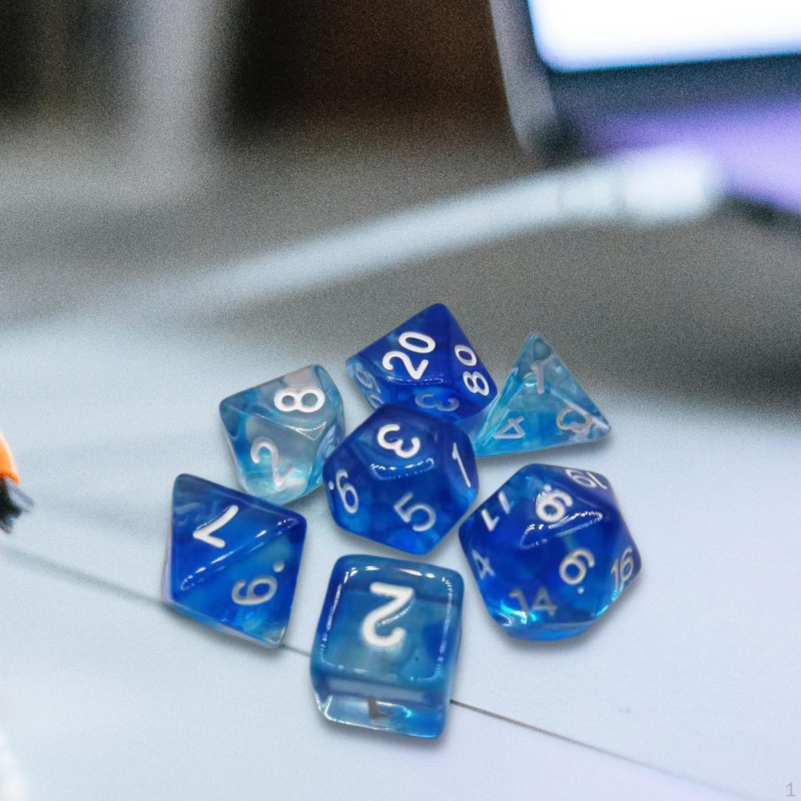 

7 Pcs Polyhedral Dice Durable D8 D4 D10 D12 D20 D6 Engraved Portable Multipurpose for Tabletop Game Blue White