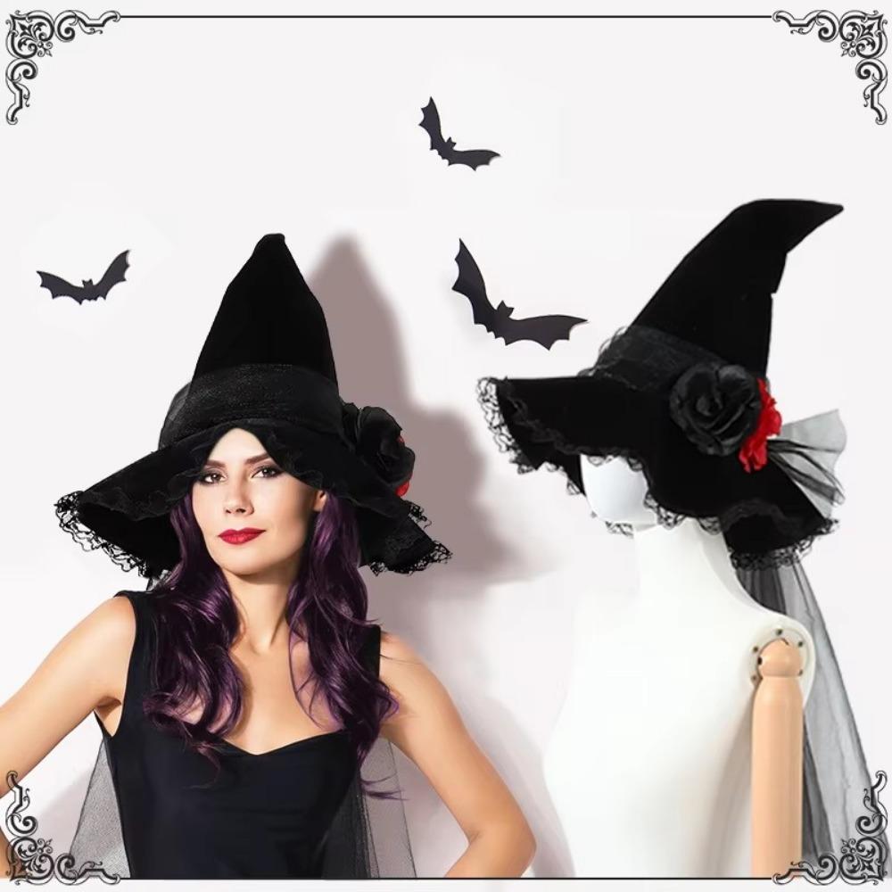 1 Pcs Halloween Witch Hat Baroque Style with Mesh Simulated Flowers, Gothic Queen Costume Accessory for Party DIY Cosplay Prop