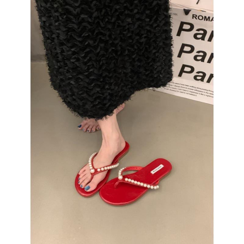 Fashion New Style Beach Shoes Low Woman's Slippers Slides Rubber Flip Flops String Bead Flat Hawaiian Glitter PU Hoof Heels Fabric Shoes