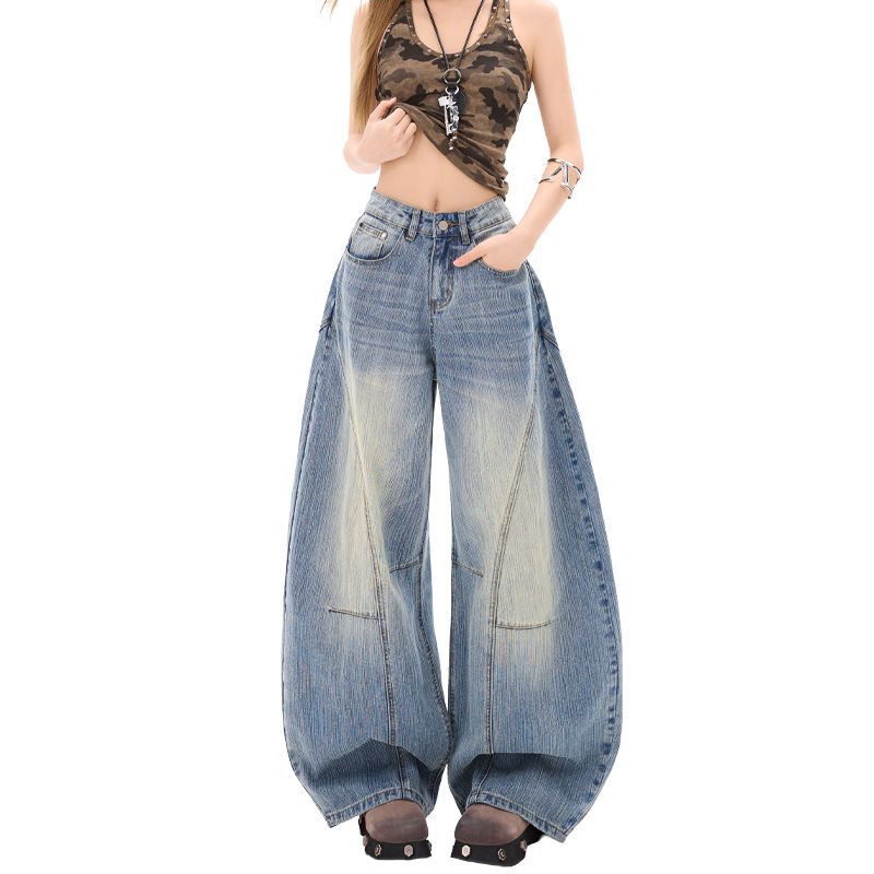 Spring Summer Y2K 3D Cut Slub Saber Cut Denim Pants For Women Casual Pants Oversize Denim Trousers
