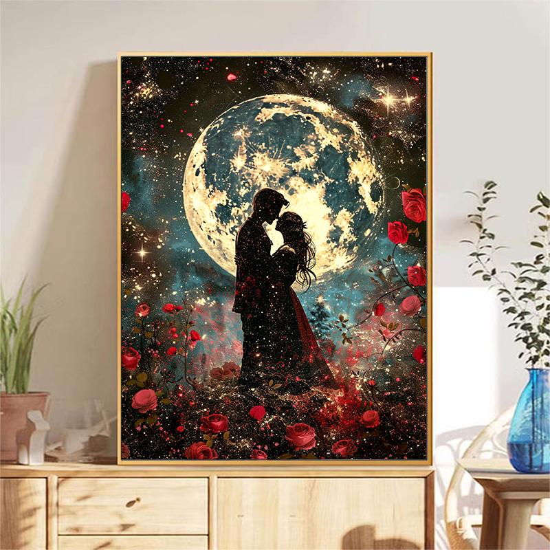 5d DIY Diamond Painting Cross Stitch Couple Silhouette Moon Scenery Diamond Embroidery Mosaic Full Round Drill Home Decor
