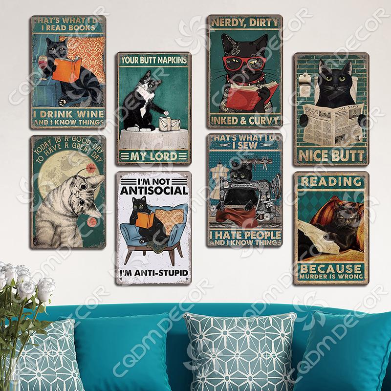 Black Cat Tin Sign Metal Plaque Read Books Drink Wine Pet Metal Poster Vintage Wall Decor for Coffee Shop Kitchen Bathroom Home