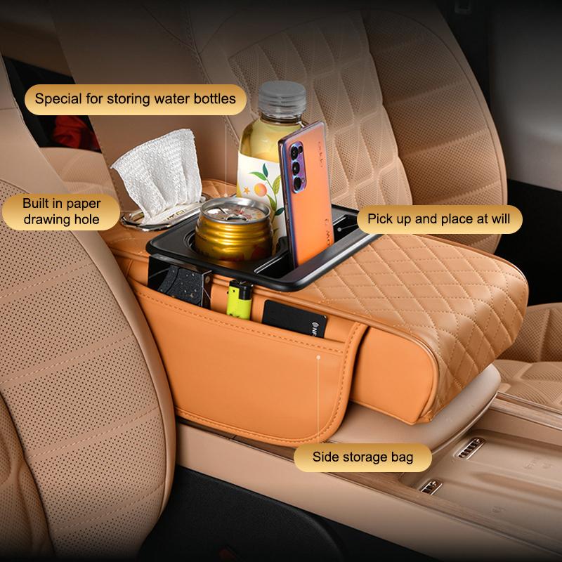 Portable Center Console Armrest Cushion Leather With Cup Holder Tissue Box Car Armrest Pillow Multifunctional Parts & Accessorie