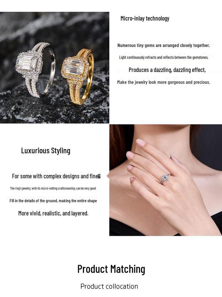 S925 Silver Classic Luxury Emerald Cut Moissanite Ring for Women