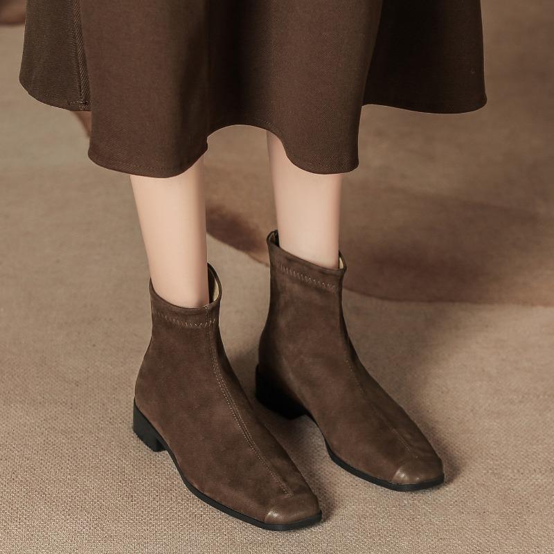 

H957-1 Сращивание, маленький квадратный носок, замшевые ретро короткие ботинки, женские осенне-зимние универсальные тонкие ботильоны, низкие модные ботинки 40