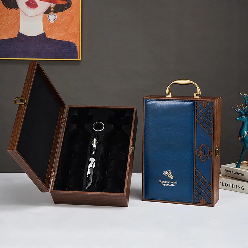 Single/Double Leather Box Wine Bottle Box Luxury Handle Wooden Organizer Gift Wood Wine Holder for 2 Red Wine Packaging