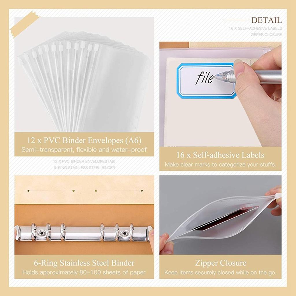 Cash     Portable Size PU Leather 6 Pre Punched Holes Budget   with 12 Clear Zip Pockets Small Labels