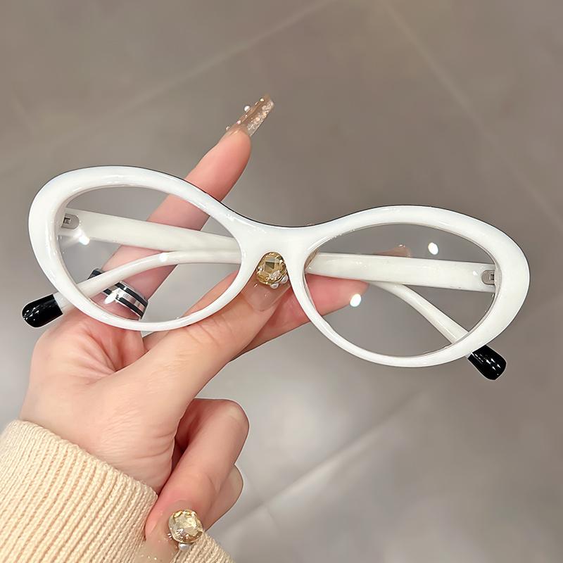 Minimalist Oval Cat Eye Fashion Glasses for Women - Semi Rimless PC Frame with Metal Hinges, Decorative TAC Lenses