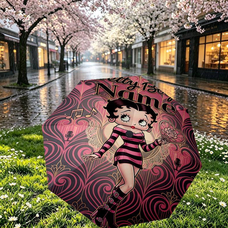 Spersonalizowany Parasol z Nadrukiem Betty Boop z Imieniem, Automatyczne Otwieranie i Zamykanie, Wytrzymały Stelaż z 8 Żebrami, do Codziennego Użytku, na Kemping i Piesze Wycieczki, Prezent Urodzinowy