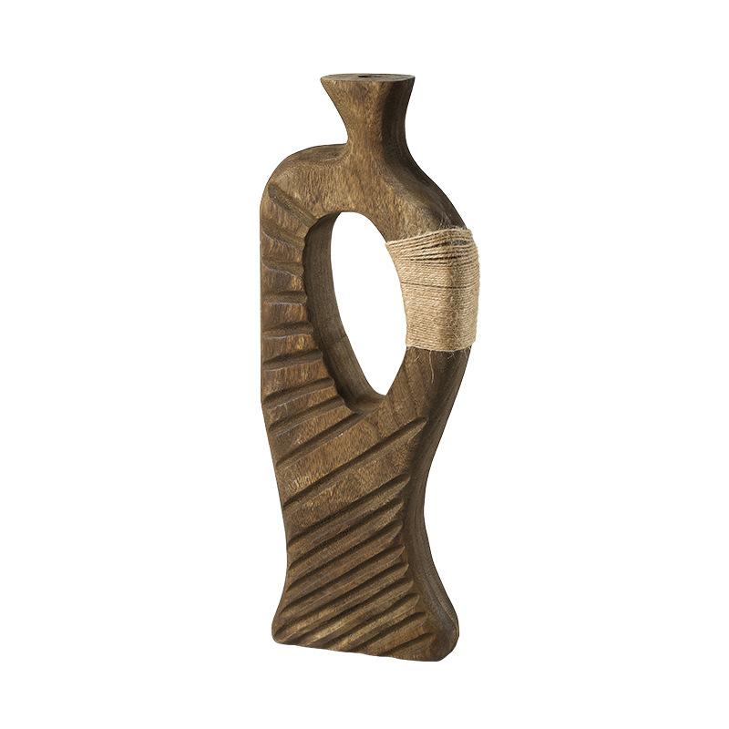 Handmade Wooden Vase Abstract Hollowed-out Natural Wood Flower Vase Flower Arrangement Accessories Hemp Rope Home Decoration
