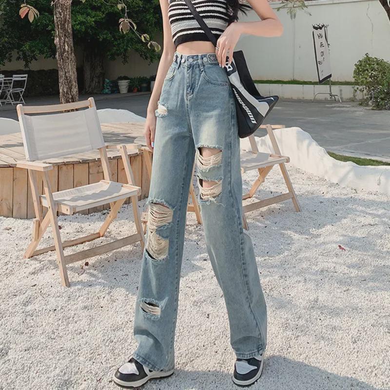 Women's High-Waisted Loose-Fit Wide-Leg Ripped Jeans - Summer 2023 Trend