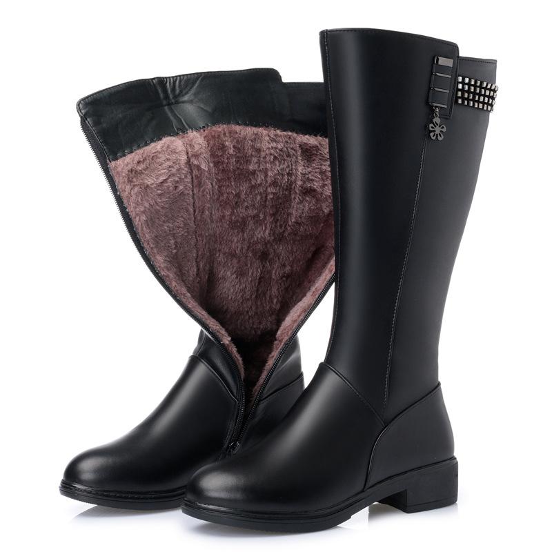 

Высокие сапоги на низком каблуке, новые кожаные женские сапоги на осень и зиму, на толстом каблуке и толстой подошве, хлопковые сапоги большого размера, шерстяные длинные хлопковые сапоги. 35