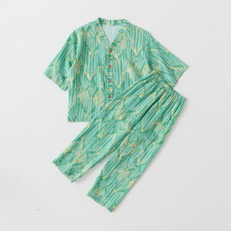 Children's Cotton Silk Pajama Set - Medium Sleeve, Long Pants, Cartoon Print, Thin, for Boys, Girls, and Babies.