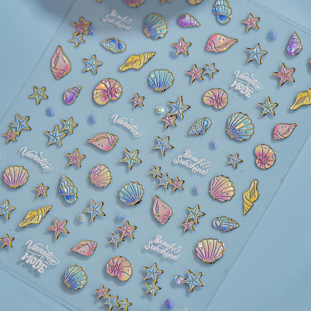 1pcs Ocean Marine Life Jellyfish Dolphin Shell Starfish Frangipani Ocean 5D Nail Art Stickers Embossed Nail Decals