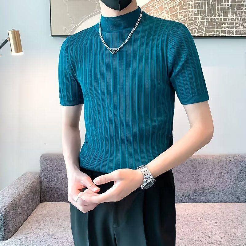 Korean Half High Collar Pullovers Summer Solid Color All-match Men's Clothing Slim Short Sleeve Stylish Casual Knitted T-shirts
