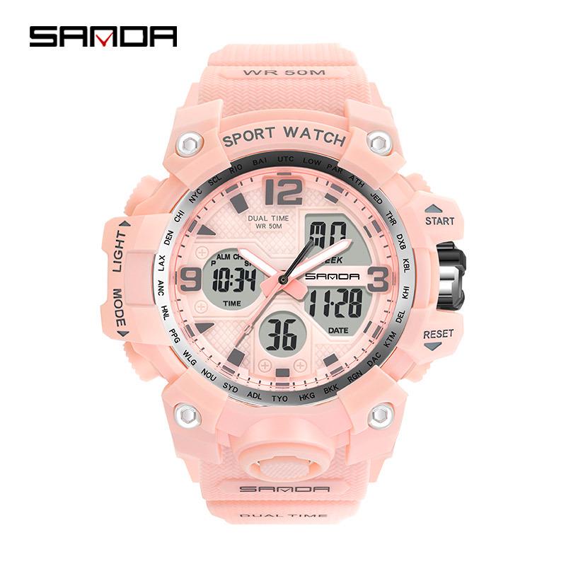 SANDA Women's Trendy LED Dual Display Waterproof Watch with Hourly Chime