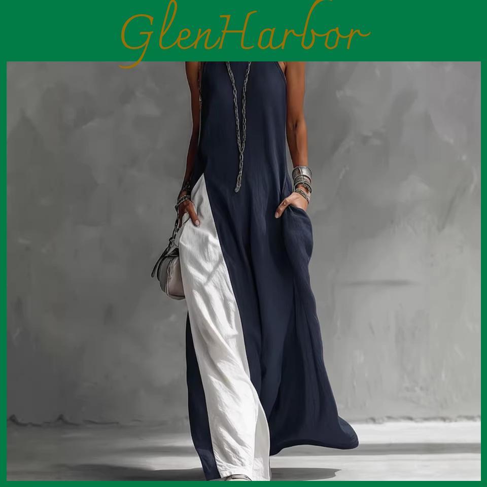 Polyester Splicing Sleeveless Loose Casual Dress With Pockets For Travel And Beach Use