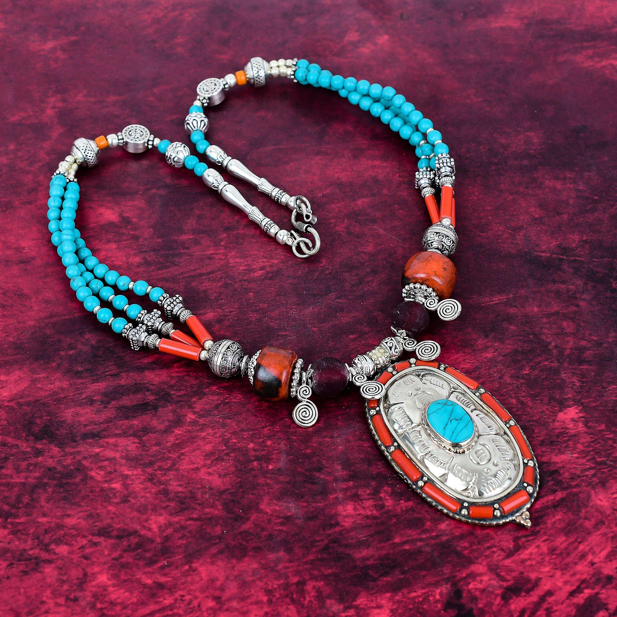 

Бирюза, Ожерелье из красного коралла, Драгоценный камень 925 Проба Стерлинговое серебро Ювелирное ожерелье, Украшения ручной работы Камень рождения Непальское ожерелье, Подарок для него