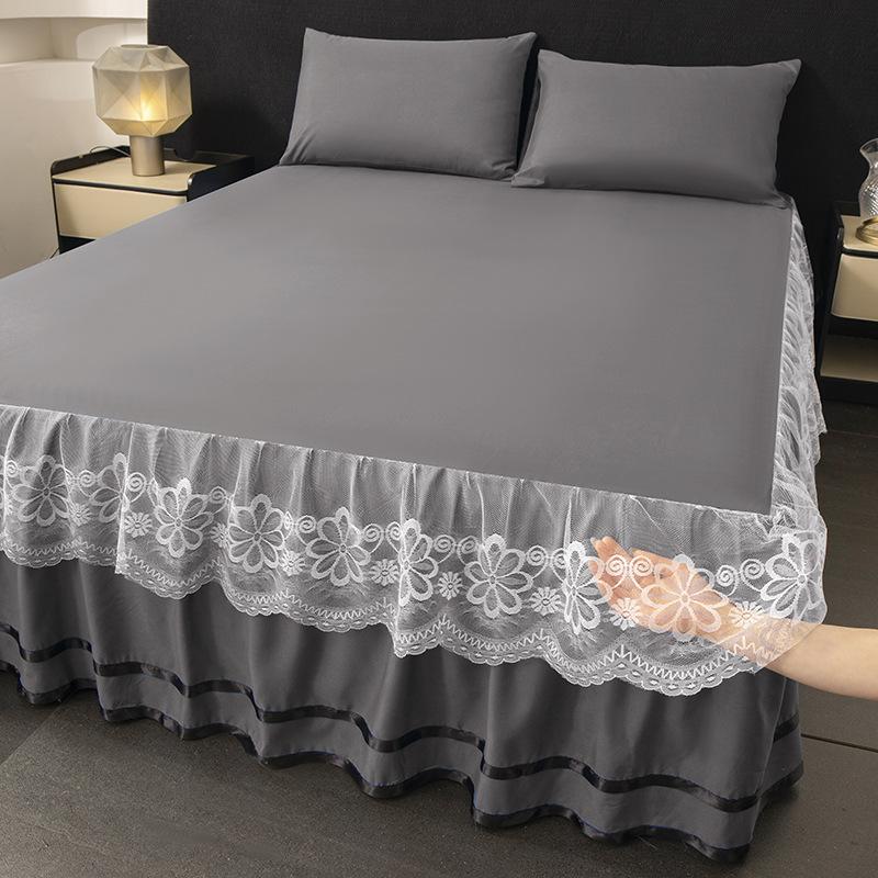 

Доступны разные размеры Двухслойная кружевная юбка для кровати Модные и минималистичные однотонные простыни Противоскользящий защитный чехол для матраса 48x70cm 2pcs pillowcases темно-серого