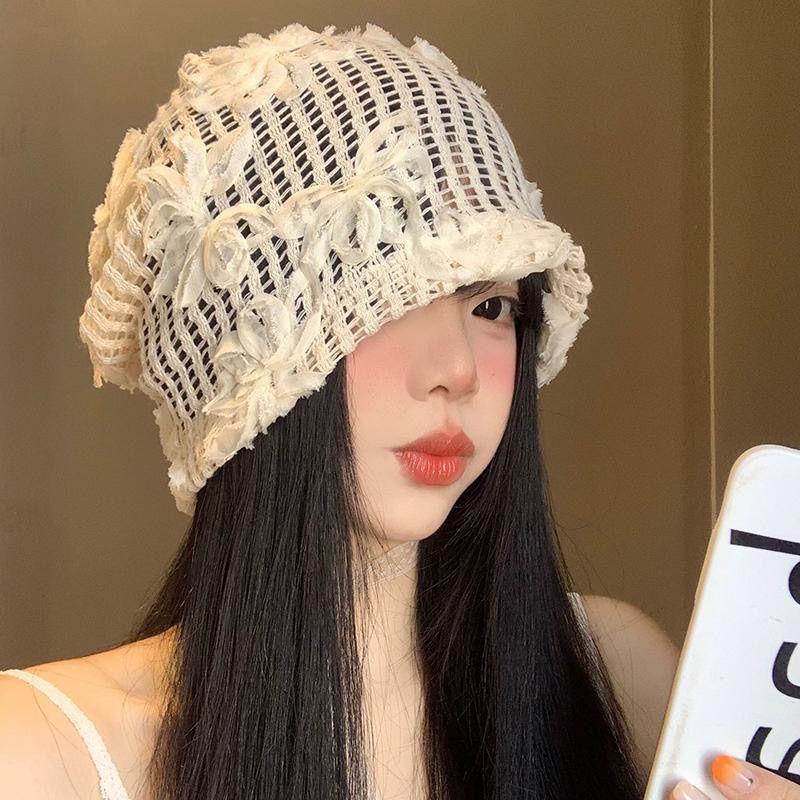 Women's Stylish 3D Floral Korean Style Hollow Slouchy Niche Hat Thin Breathable Large Head Circumference Head Wrap Cap