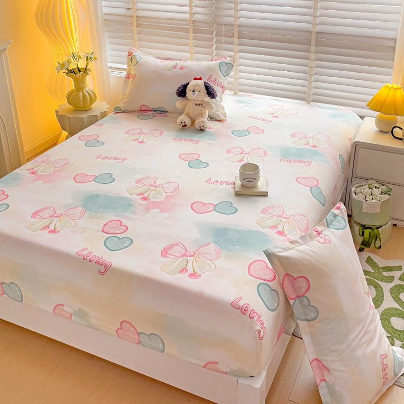 Romantic Love Bow Pattern Fitted Sheet Set Skin-friendly Breathable 3Pcs Mattress Cover with Elastic Band Queen Size Bedding Set