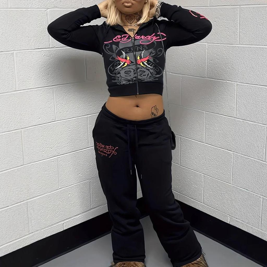 European & American Fashion Print Zipper Sweatshirt Suit for Women