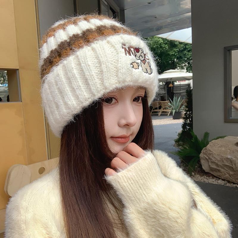 Vintage Striped Knitted Hat Puppy Embroidered Wool Hat Soft Waxy Plush Autumn and Winter Hat Women's Versatile