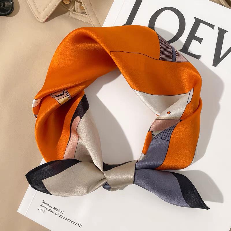 Dámský béžový hedvábný šátek - 53 cm Korejský styl Tištěný čtverec, 100% morušové hedvábí na jaro/léto