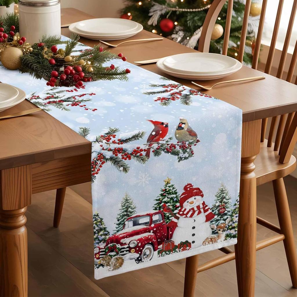 Christmas Snowman Truck Berry Cardinal Bird Blue Linen Table Runners Party Decor Durable Winter Xmas Christmas Decorations