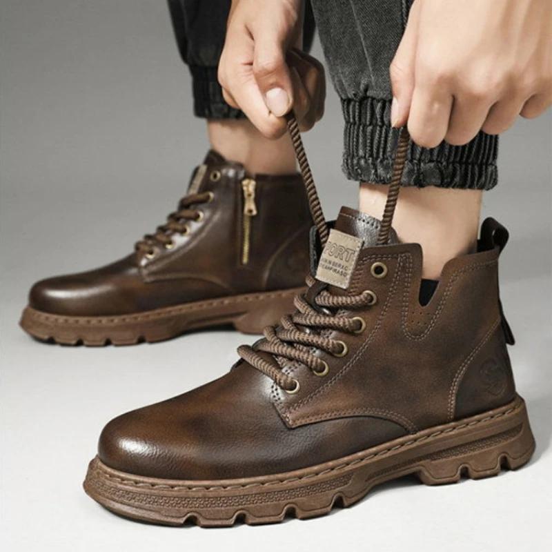 Fashion Ankle Short Barrel Male Shoes Brown Booties Black Men's Boots Y2k Offer In Promotion Retro Cheap Trendy 2025 New Offers Non Slip
