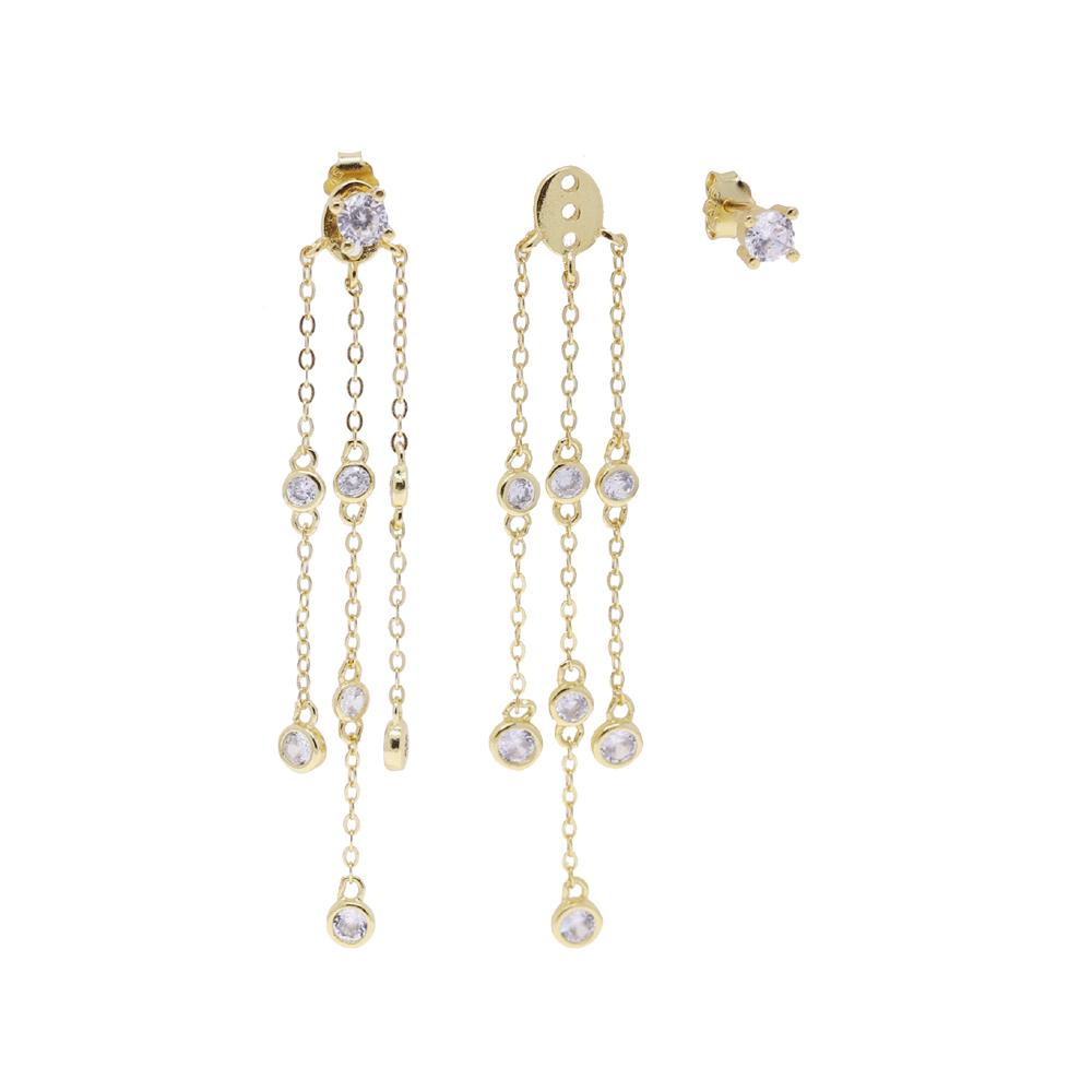 18K Gold Plated 925 Sterling Silver Fashion Women Jewelry Micro Pave 5A Tiny Round CZ Triple Tassel Chain Earring
