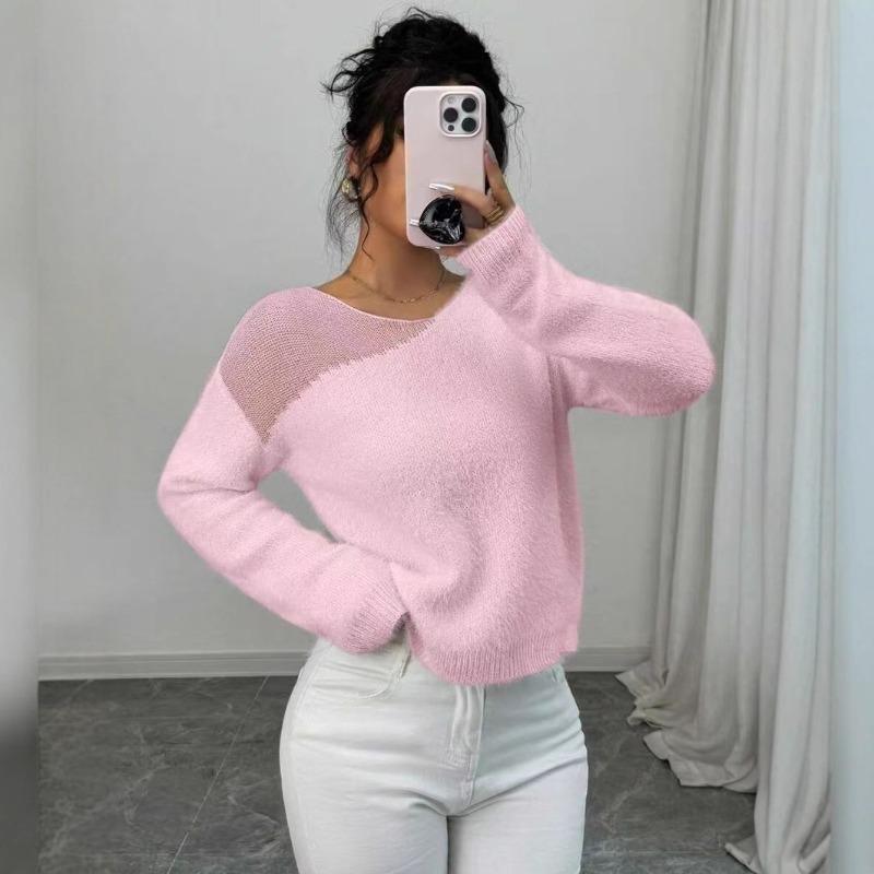 Pink Pullover Crew Neck Loose Knitted Sweater Women's Seamless Lazy Sweater