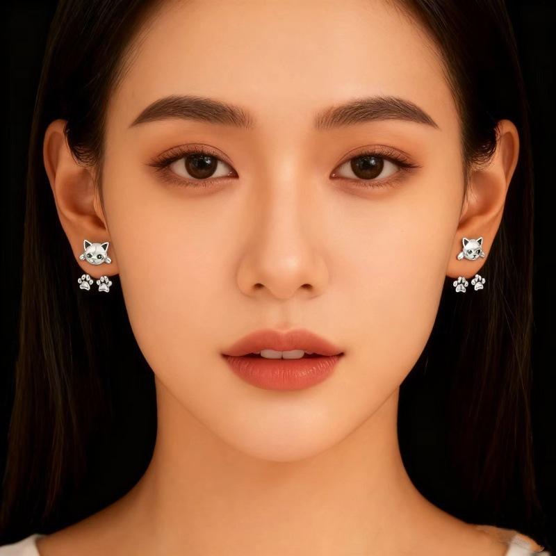 Vintage Funny Silver Color Cat Earring For Women Cute Animal Cat Paw Back Hanging Earrings Party Banquet Piercing Jewelry Gift