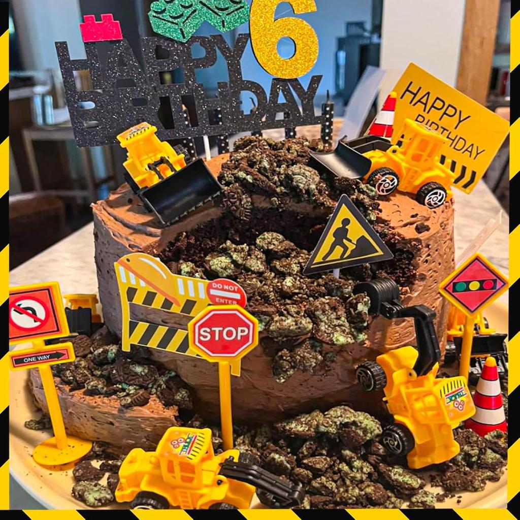 25Pcs Construction Cake Topper Excavator Tower Cupcake Topper Bulldozer Backhoe Traffic Road Sign Cake Decor Vehicles Decoration