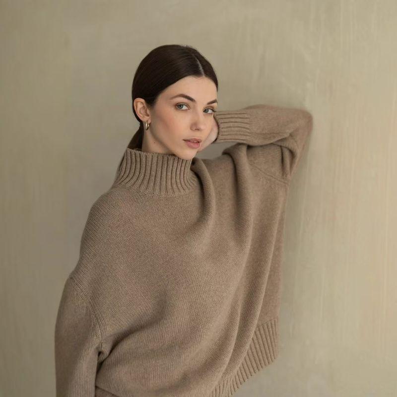

Fashion Wind Fashion Loose Pure Color Turtleneck Knitting Sweater High Neck Solid Color Sweater Khaki S